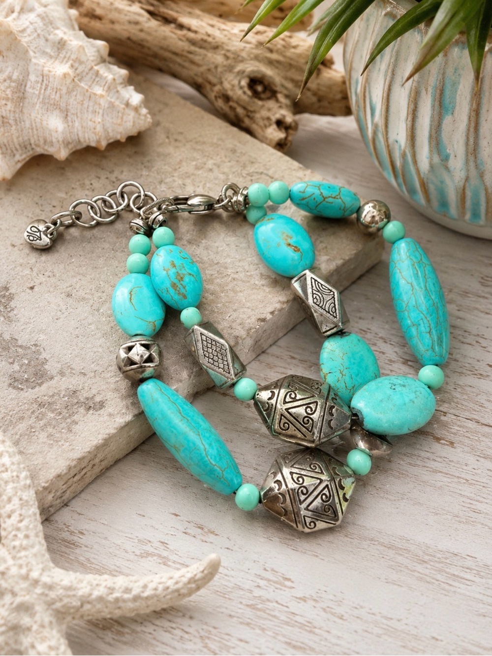 BRIGHTON DOUBLE STRAND MOJAVE TURQUOISE & MAGNESITE STONES SILVER PLATED SPACERS